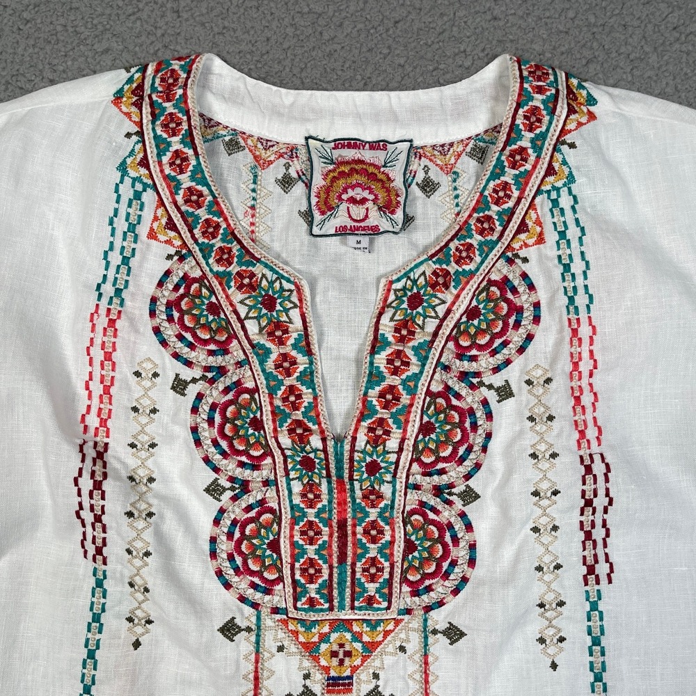 Johnny Was‎ Verena Linen Tunic Womens M White Easy Yoke Embroidery Floral Color